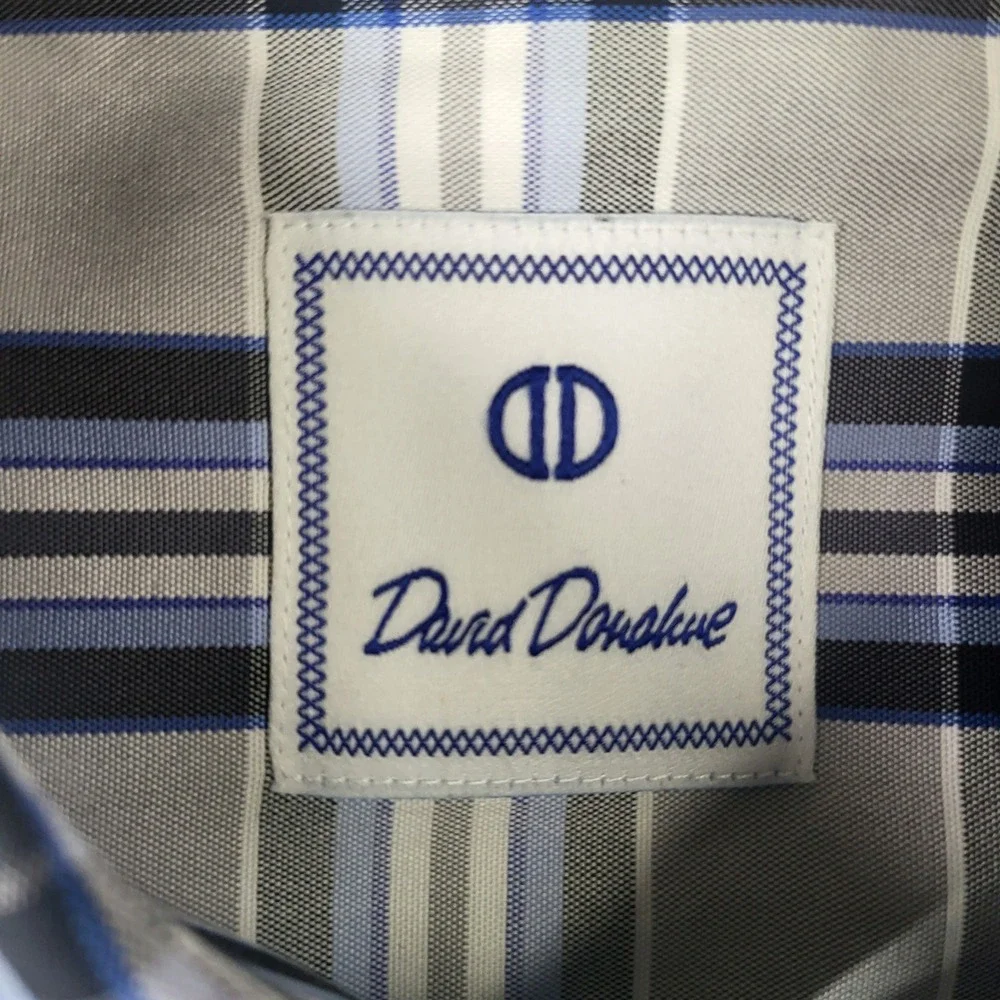David Donahue Shirt Mens L Blue Grey Plaid Cotton Long Sleeve Button Down Spread